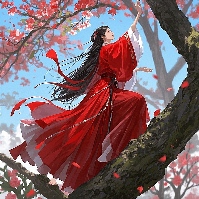 红色古风美女在树上跳舞