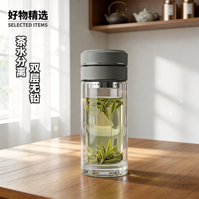日系极简茶系氛围，原木肌理茶桌，温柔窗边漫射自然光，细碎柔和光影洒落，画面干净治愈、松弛雅致。主体高透双层茶水分离玻璃杯，通透澄澈、质感温润，双层隔热结构、茶水分离功能清晰直观，整体构图极简留白，色调预览效果