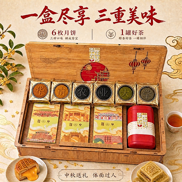 仅修改礼盒内6枚月饼表面的花纹文字，其他所有元素（背景、礼盒、文字、糕点盒、茶叶罐、前景月饼等）全部保持不变。
修改方式：从左到右，6枚月饼表面的花纹分别改为一个汉字，依次为：
第1枚（最左，橙黄色）：华
第2枚（金黄色）：南
第3枚（黑色）：农
第4枚（黑色）：业
第5枚（绿色）：大
第6枚（最右，深褐色）：学
六个字组成"华南农业大学"。字体为传统月饼印章式宋体/隶书，清晰工整，与月饼表面融为一体，保持月饼原有的立体压纹质感和光影效果。
画面中其他所有内容：背景、礼盒、文案、糕点盒、茶叶罐、前景的切开月饼、桂花枝、祥云等全部原样保留，不做任何改动。