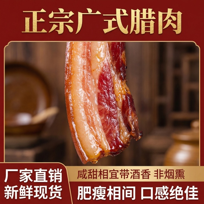 这张图片是产品主体这款产品是广式加瘦腊肉 我需要设计20张主图在拼多多上面售卖    主图场景布局可以用厨房 炒腊肉 腊肉细节等设计一个高级有食欲一些主图文案内容 正宗广式腊肉 厂家直销 新鲜现货 咸预览效果