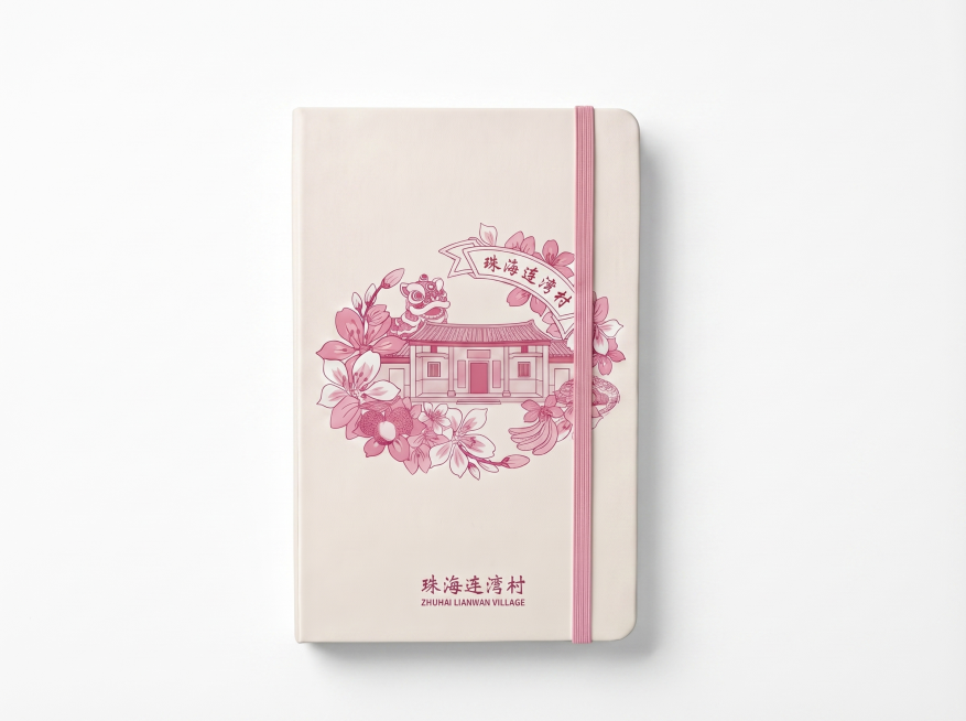 春季主题笔记本封面设计，背景纯白色，只展示笔记本本体，融合珠海连湾村特色建筑、春季农产品和醒狮元素，搭配粉色春季花卉，精致线稿手绘国潮风格，米白色笔记本封面，粉色绑带，带有珠海连湾村主题文字，参考示例预览效果