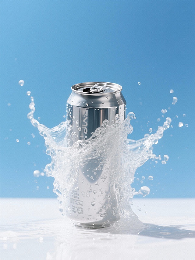 一瓶易拉罐气泡饮料产品特写，被包裹在一股泼溅的水中（从地面泼溅而起，激起水花，水花晶莹剔透，折射着光线），背景是蓝天