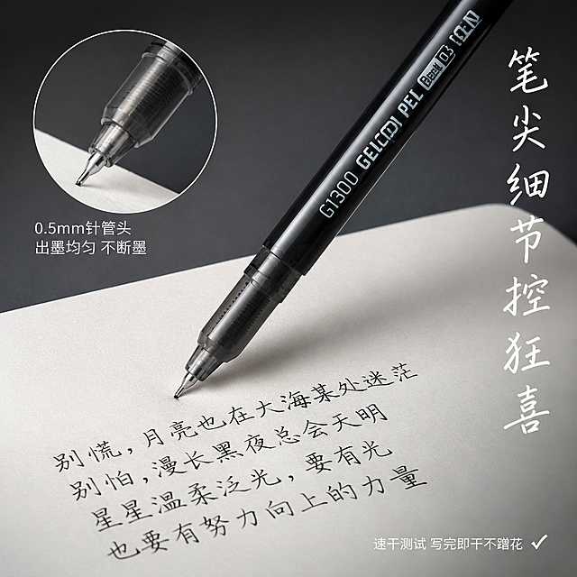 [主图-3] 蓝果墨无畏中性笔笔尖细节特写图 书写质感展示。
[氛围风格] 微距质感风 品质细节控 高级种草感 小红书测评风；
[画质] 超高清微距摄影质感 细节锐利 材质真实 光影细腻 高级感；
[元素] 画面主体为一支黑色蓝果墨无畏中性笔的笔尖+笔身前半段 斜45度摆放 笔尖朝向左下角 产品占画面约60%。笔尖下方压着一张米白色道林纸 纸上有几行刚写下的黑色字迹 展示书写效果。旁边放一个圆形放大镜效果区域 放大展示笔尖针管头细节和出墨均匀度。背景为深灰色渐变 高级有质感。**保持蓝果中性笔外观（即物理结构 材质质感 颜色 笔身印刷文字）与输入产品图完全一致 杜绝任何变形和色差 精细化处理** 笔尖与纸张有真实接触点 有轻微压痕。
[光影] 侧上方硬光打出笔尖金属质感 笔身有清晰高光带 纸张有柔和漫反射 暗部有细节 整体高级质感；
[配色] 主色深灰底+黑色笔身 点缀金属银笔尖 高级冷调；
[视角构图] 微距特写 45度斜侧视角 浅景深 笔尖清晰锐利 笔身后端逐渐虚化 突出笔尖细节；
[文字版式] 右上角竖排主标题"笔尖细节控狂喜" 白色细手写体 放大镜旁边标注"0.5mm针管头 出墨均匀 不断墨" 白色小字 底部小字"速干测试 写完即干不蹭花" 配一个小手写对勾符号。文字全部放在边缘负空间 不遮挡笔尖细节。
[输出要求] 1:1比例 文字清晰可辨 超高清微距摄影质感 小红书测评风；
[负向提示词] 变形 文字错乱 产品模糊 背景杂乱 水印 电商平台Logo。