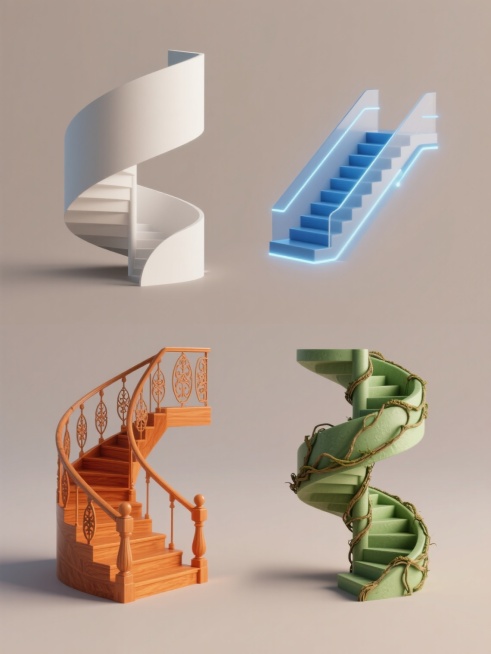 四个完全不同造型的楼梯3D模型系列素材集合，规整排布于纯色背景上，每个楼梯采用独特的3D风格和整体色彩：第一个是白色极简C形螺旋楼梯，平滑几何体块，柔和阴影；第二个是蓝色未来主义悬浮阶梯，带有科技感线条和发光边缘；第三个是橙色复古旋转楼梯，带有雕花栏杆和木质纹理；第四个是绿色有机形态楼梯，模仿自然藤蔓缠绕结构，表面有磨砂质感，所有楼梯保持统一的简约照明和干净背景，形成风格各异又协调的设计素材组合。预览效果