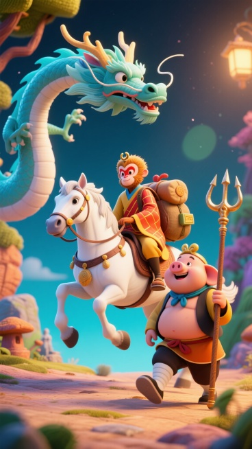 西游记场景，唐僧骑着白龙马，孙悟空在前面领路，沙僧背着行李，猪八戒拿着九齿钉耙，卡通风格，迪士尼皮克斯动画质感，色彩鲜艳，细节丰富，角色表情生动预览效果