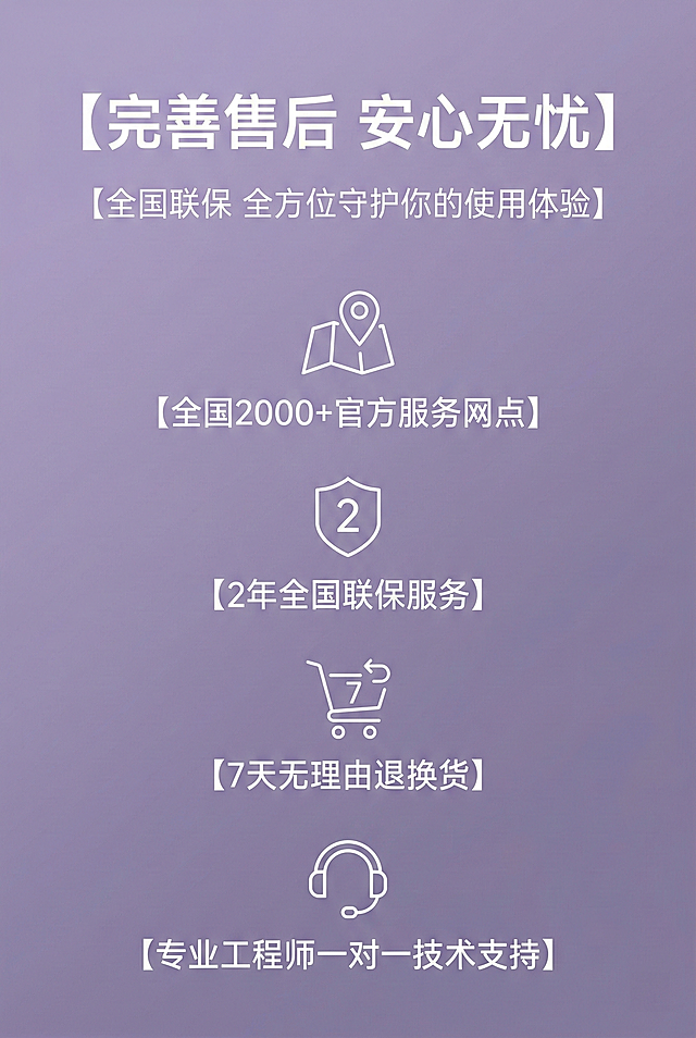 2:3竖版电商详情图，杂志级精致排版，与整体统一极简商务科技风，色调统一，所有中文文字使用统一的极简无衬线字体，格式规范统一。画面无需展示产品实物，以极简图标+文字的形式呈现，背景为低饱和渐变柔紫背景，搭配白色文字，视觉柔和高级。画面顶部居中放置加粗主标题【完善售后 安心无忧】，主标题下方放置副标题【全国联保 全方位守护你的使用体验】，下方以4组上下排版的服务模块，每组搭配极简线性服务图标，分别呈现【全国2000+官方服务网点】【2年全国联保服务】【7天无理由退换货】【专业工程师一对一技术支持】，文字居中对齐排版，层级清晰，整体画面信任感强，排版精致，8K超高清，无冗余元素。