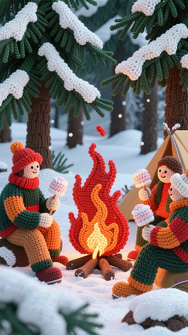 软3D刺绣风冬日露营场景，毛发生长质感的雪松与人物，卡通感十足的篝火围坐，温暖治愈的圣诞氛围。