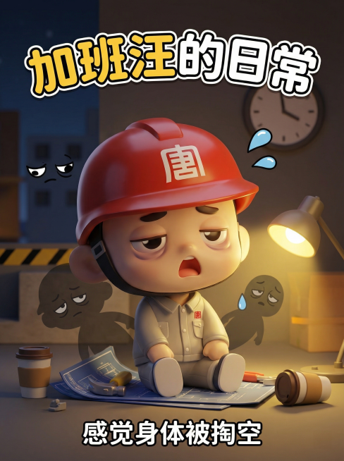 参考图中这个戴着红色安全帽、穿着灰色工装带有唐字标识的3D卡通工人角色，保持角色造型和服装完全一致，更换为疲惫的工作表情，搭配加班后的工作场景，3D盲盒风格，生成表情包预览效果