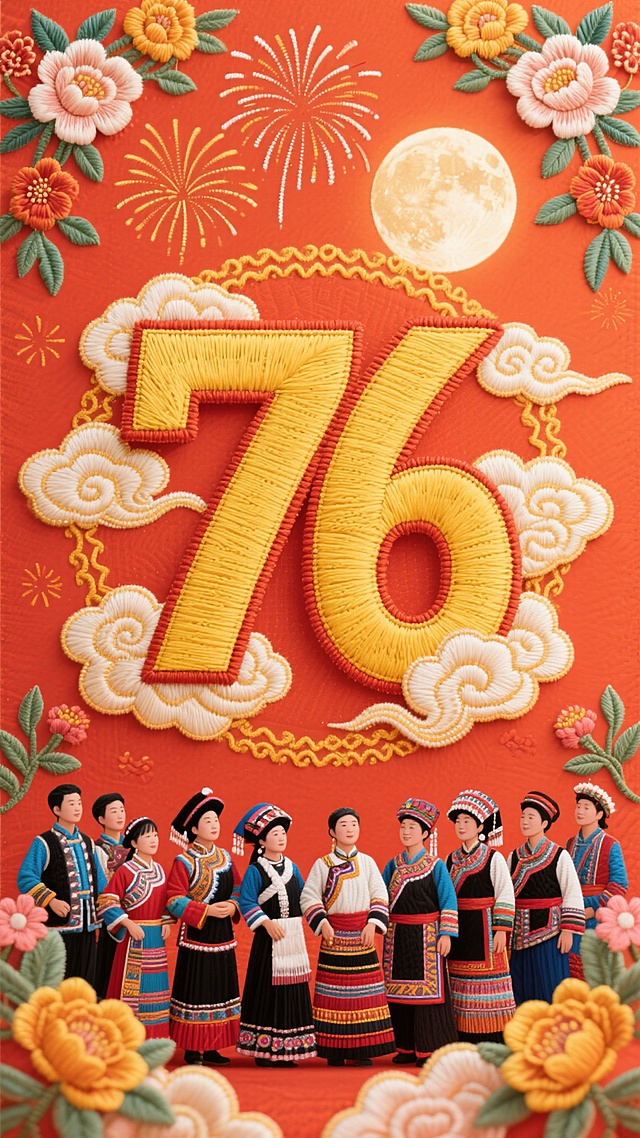 刺绣风大字“76”，民族服饰人物，烟花满月点缀，喜庆节日氛围浓。