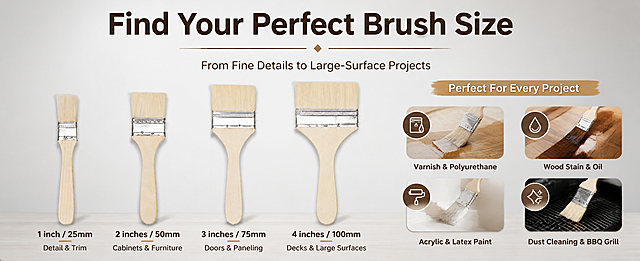 Amazon Premium A+ desktop size selection and application overview page. Wide horizontal layout split into left size matrix and right application guide. Left side: all four Jenck brushes (1, 2, 3, 4 inch) standing upright in a row with clear dimension labels below each — "1 inch / 25mm — Detail & Trim", "2 inches / 50mm — Cabinets & Furniture", "3 inches / 75mm — Doors & Paneling", "4 inches / 100mm — Decks & Large Surfaces". Right side: four small application icons in a 2x2 grid with text: "Varnish & Polyurethane", "Wood Stain & Oil", "Acrylic & Latex Paint", "Dust Cleaning & BBQ Grill". All brushes must match reference: natural poplar wood handle, silver ferrule, off-white flat wool bristles. Top main title in bold English: "Find Your Perfect Brush Size", subtitle: "From Fine Details to Large-Surface Projects". Light gray gradient background with warm wood tone accents, clean modern sans-serif typography, professional Amazon A+ wide format design. All text in English, no Chinese, no price, no discount.