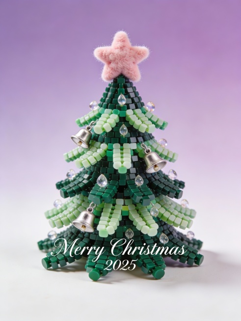 画面居中，拼豆手工松针纹理圣诞树，用深浅绿拼豆营造层次，缀银色小铃铛与透明水滴珠，顶部是粉色绒球星星，背景为马卡龙紫与白渐变，柔和清新。画面下方优雅极细手写体的文字“Merry Christmas 2预览效果
