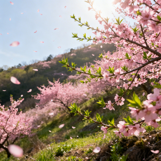 春日美景，粉嫩桃花漫山遍野，嫩绿新芽抽出枝条，微风拂过花瓣纷飞，阳光温暖洒落，一片生机勃勃的春天郊野景色预览效果