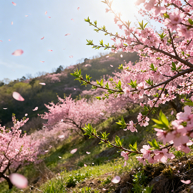 春日美景，粉嫩桃花漫山遍野，嫩绿新芽抽出枝条，微风拂过花瓣纷飞，阳光温暖洒落，一片生机勃勃的春天郊野景色