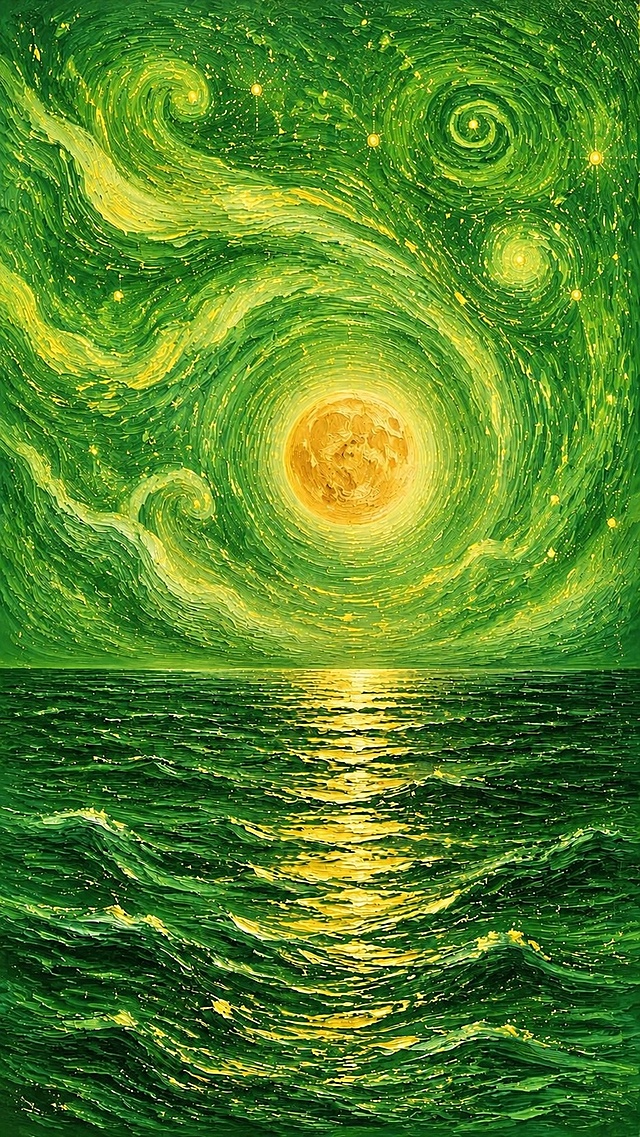 将这张油画的天空绿色调整得更加透亮明亮，颜色更偏向清新的草绿色，提高天空整体的亮度和通透感，保持金色星空轨迹、星星、月亮和海面倒影的金色不变，保持原有的梵高油画厚涂笔触风格和画面构图不变