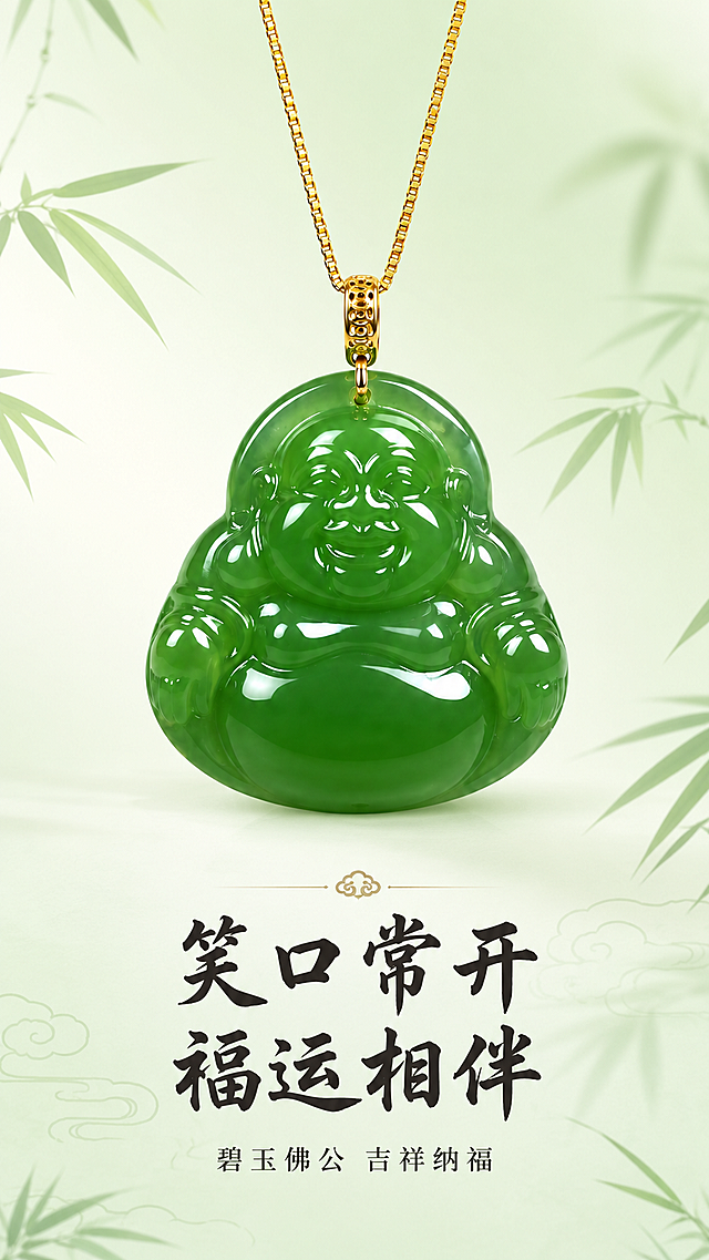 [第1屏] 详情页头图-碧玉佛公金镶玉吊坠宣传海报。本屏使用【图2】作为商品主体，参考【图1】的版式风格。
[氛围/风格] 新中式国风，典雅清新，商业摄影质感，和参考图保持一致的浅绿雅致氛围。
[元素布局] 碧玉佛公吊坠放置在画面居中靠上区域，占据画面约65%主体位置。保持吊坠整体结构不变：绿色碧玉佛公搭配金色K金扣头和金色链条，材质光泽、颜色色号和输入产品图一致，佛公面部雕刻清晰完整。背景为渐变浅绿色底，搭配浅青竹叶装饰元素，保留参考图的中式美感，底部预留标题区域，整体留白合理不拥挤。
[光影质感] 左前方柔和主光照亮碧玉表面，凸显玉质温润通透的质感，金色扣头保留清晰高光，整体明暗层次自然，产品边缘清晰真实，投下柔和阴影。
[配色色系] 全局底色：#e8f5e9（浅嫩绿）；主体配色：#2e7d32（碧玉绿色）+ #ffd700（金色扣头链条）；辅助色：#212121（深墨标题字）+ #c8e6c9（浅绿竹叶）
[视角构图] 正面平视视角，主体居中，景深适中，符合手机端竖向阅读动线，构图舒展大气。
[文字版式] 上半部分展示吊坠产品，下半部分为标题区域。主标题"笑口常开""福运相伴"居中排列，使用中式书法字体，深墨色，字号占画面宽度约10%，主标题上方加小装饰纹样，副标题"碧玉佛公 吉祥纳福"放在主标题下方，小号字体，文字排版清晰不遮挡产品主体。
[比例分辨率] 9:16竖版比例，4K分辨率，文字清晰可辨，超高清。
[负向提示词] 佛公变形，五官扭曲，颜色偏差，金扣变色，结构错误，水印，文字错乱，产品图模糊，背景杂乱，竹叶过多遮挡主体