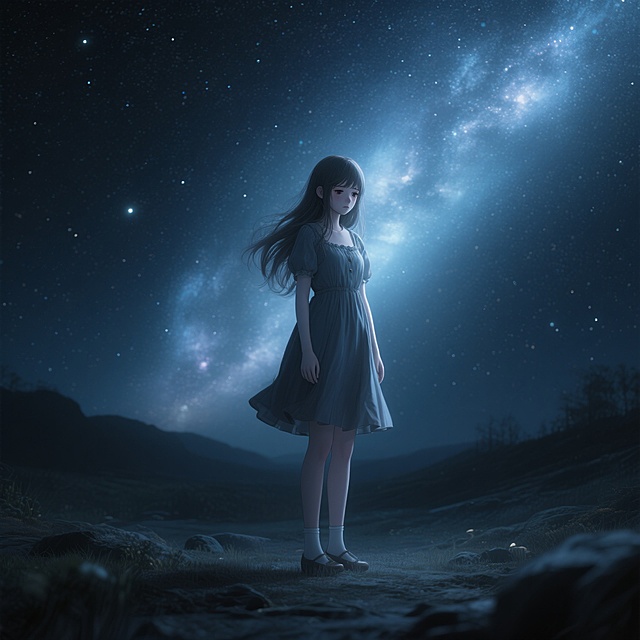 一位穿着连衣裙的长发女孩，伤感地站在黑暗的星空下，高清画质，3DCG风格，细节精致，光影细腻，氛围感强