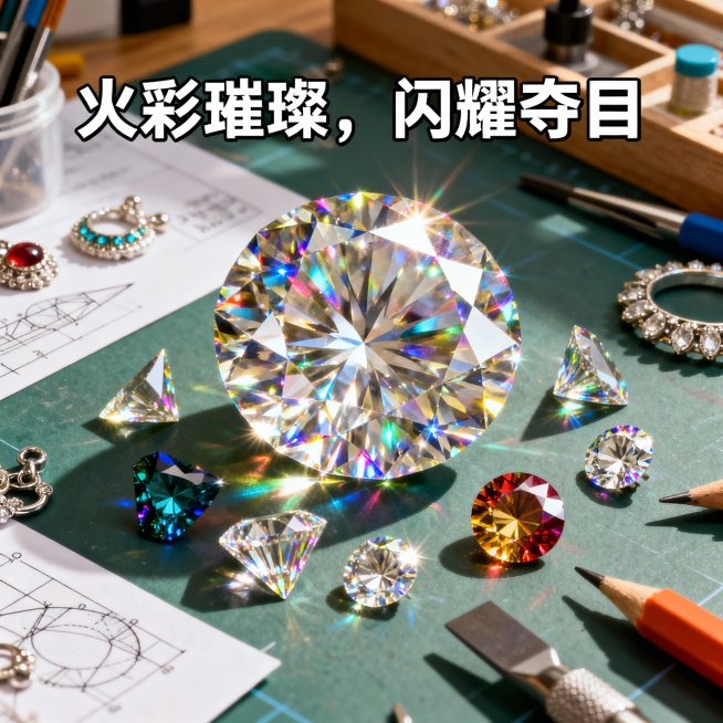 图片这款产品是莫桑石裸钻，我在拼多多卖这款产品，请以我提供的产品图片为主图主体设计20张相关的电商主图。
1.主图卖点： 火彩璀璨，闪耀夺目，在阳光下绽放七彩光芒，每一个角度都闪耀着迷人的光彩，让你成预览效果