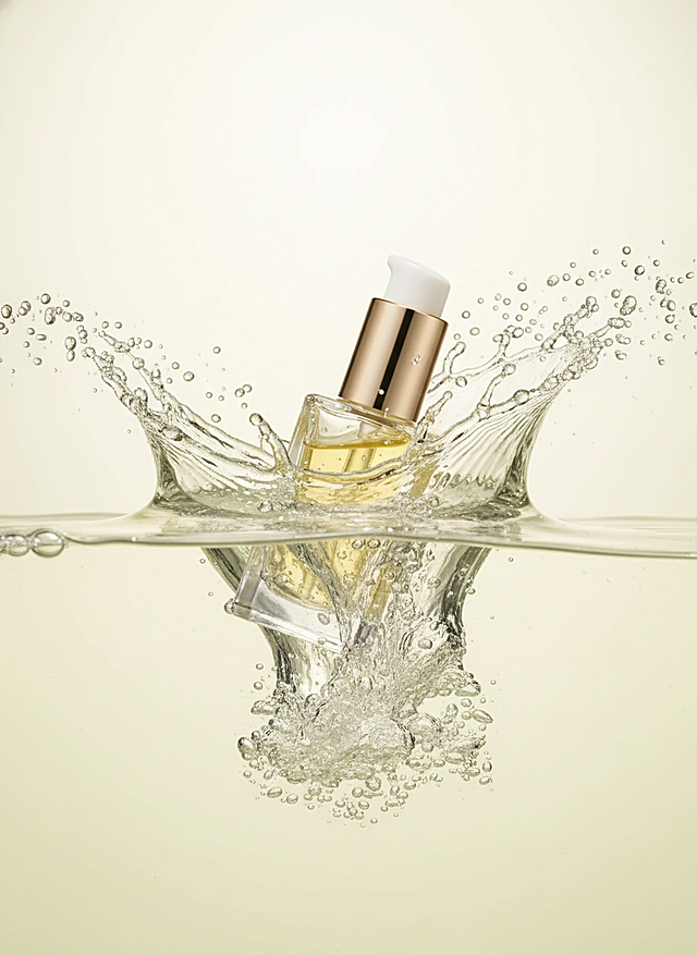 主体坠入淡黄色背景的水中，激起大量水花与气泡，整体呈现出灵动、富有活力的质感，采用写实的产品摄影风格。