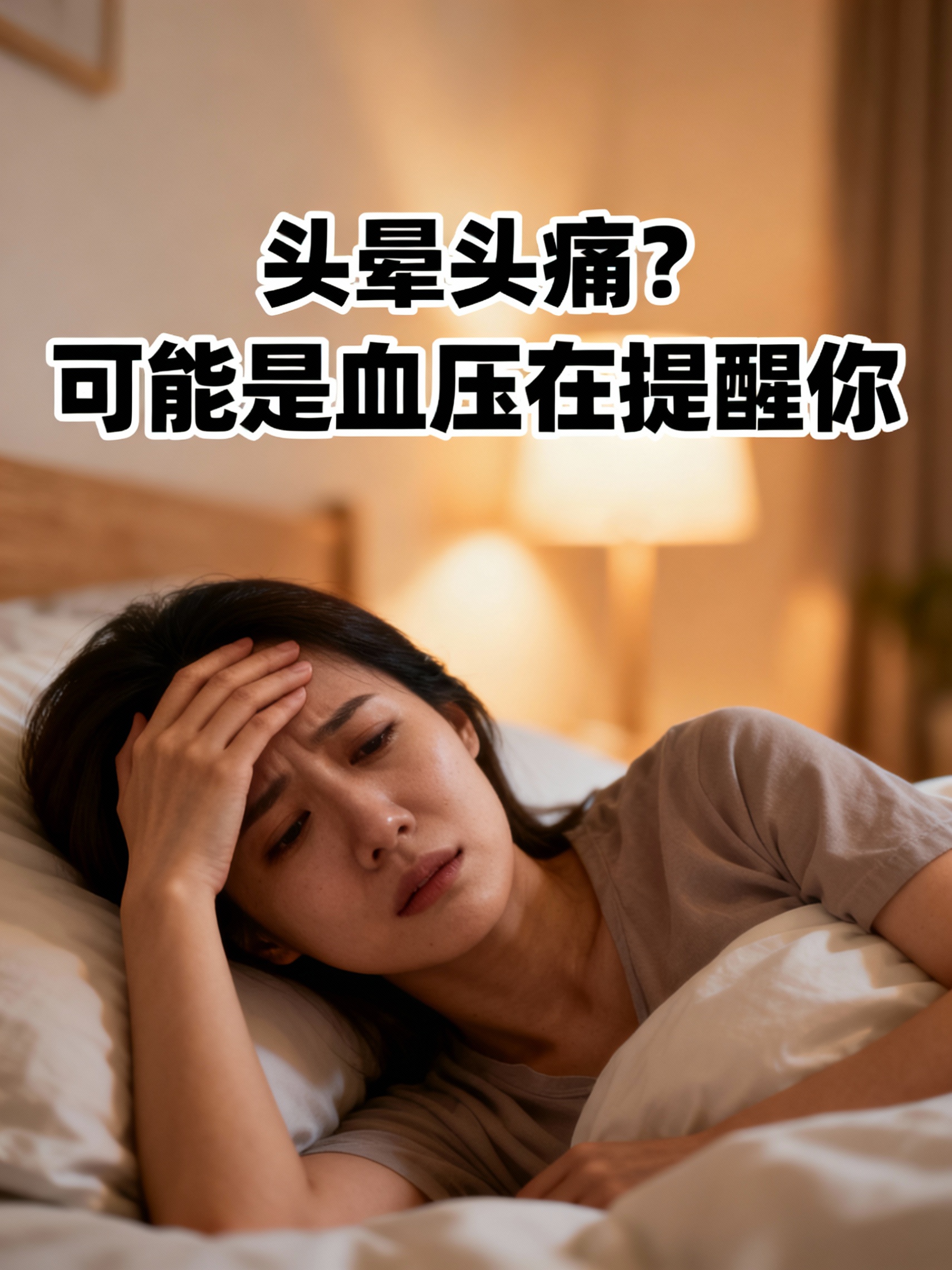 清晨床上揉头的女性插画/实拍 + 醒目文字“头晕头痛？可能是血… - 图片创意预览