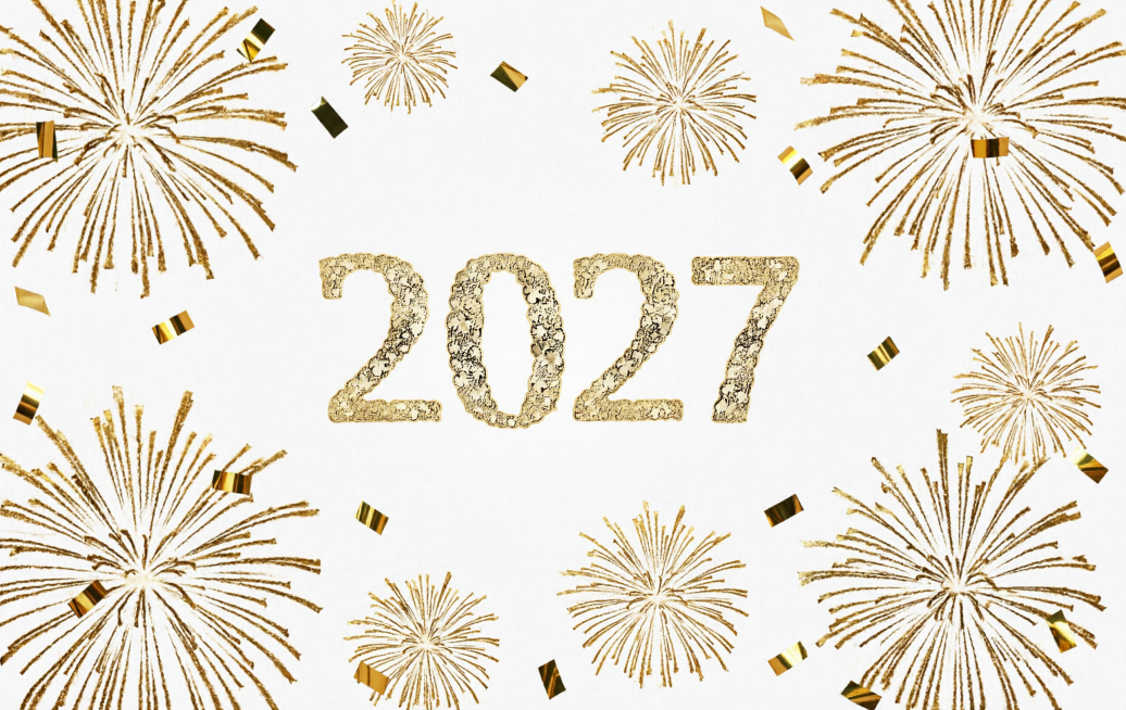 保持原图的黑金风格和烟花纸屑装饰不变，将年份从2026修改为2027，字体样式和纹理质感保持一致，黑金背景和烟花礼花金箔纸屑装饰不变预览效果