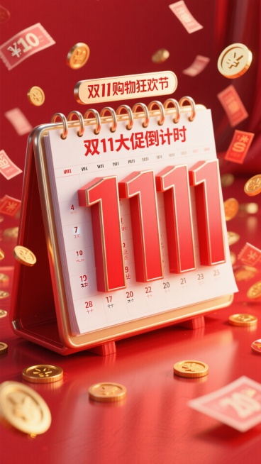 日历造型红色数字 “1111”，有金属顶框，顶部设置 “双11购物狂欢节” 标签，搭配 “双11大促倒计时 ”文字，朱红色背景，满天的优惠卷和金币融入等装饰元素，整体营造紧迫的促销倒计时氛围预览效果