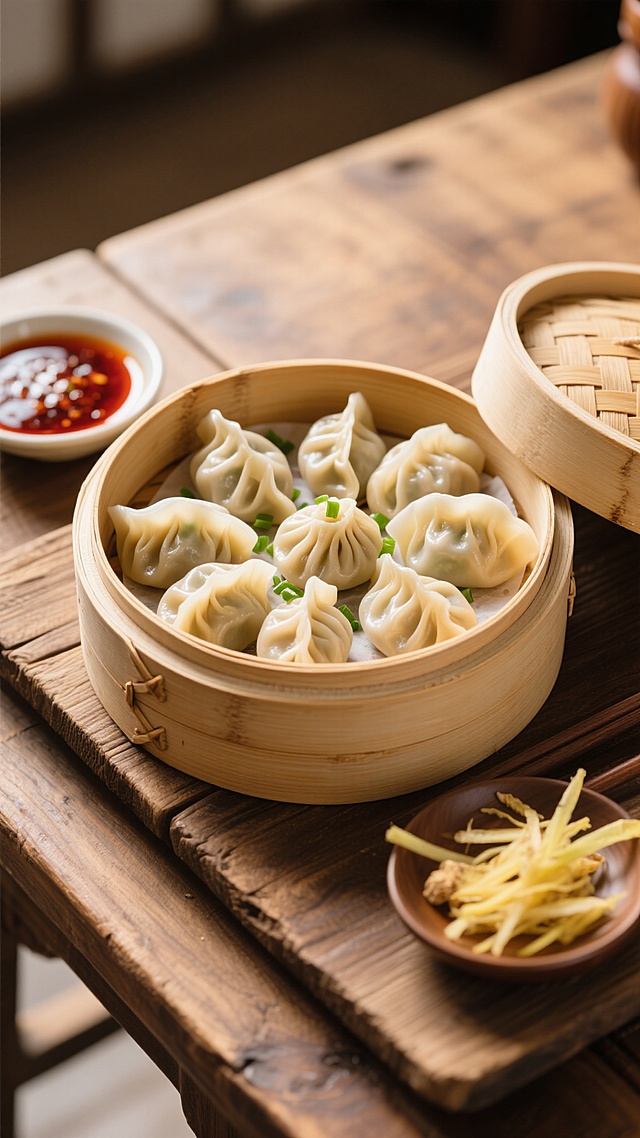 高写实风格美食摄影，木色餐桌上，竹制蒸笼里盛放着形态各异的饺子，有的褶皱细密如柳叶，有的饱满圆润似元宝，饺皮半透明隐约可见内馅，点缀翠绿葱花，蒸笼旁摆放着装有红油蘸料的小碟和金黄姜丝，暖色调光线从侧上方打亮食物，营造温馨诱人氛围，木质纹理清晰，餐具边缘柔和，整体构图聚焦饺子，背景简洁不抢镜，展现不同包法的饺子细节与质感。
