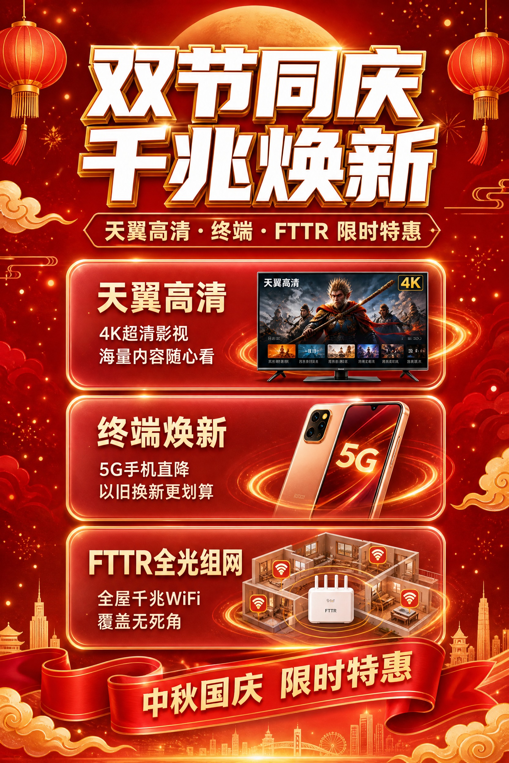 一张竖版2:3比例的电信双节营销宣传页海报，铜版纸印刷质感，红… - 图片创意预览