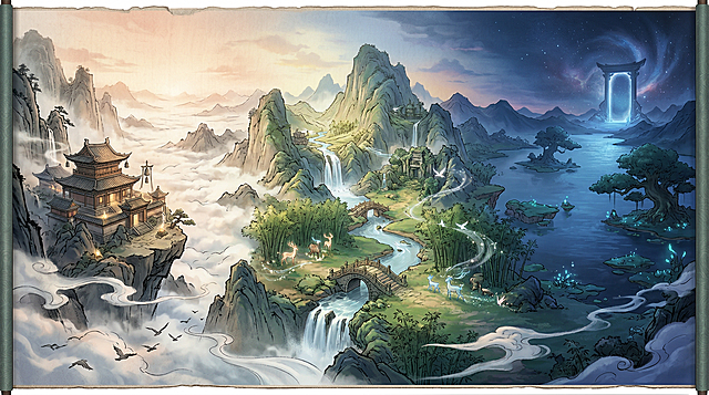 东方奇幻水墨与3D融合的超宽卷轴场景，会呼吸的山海长卷：左侧是云海中的悬崖古寺，晨钟薄雾；中段是层叠山谷、飞瀑、古桥、竹林，流光神兽群；右侧是夜色初临的星湖、浮岛与远古天门。同一画幅内从左到右清晨过渡到黄昏再到蓝夜，呈现时间流动感，光色自然衔接。材质融合宣纸肌理、水墨晕染边缘、半透明灵气粒子、石木建筑真实体积。高空俯瞰结合局部贴近景，前景有飞鸟与云丝引导视线，中段主叙事最密集，右侧以宁静神秘收束。整体氛围空灵壮阔、诗性叙事、层次深远，细节精致、清晰度高、电影级环境设计，无文字、logo、水印。