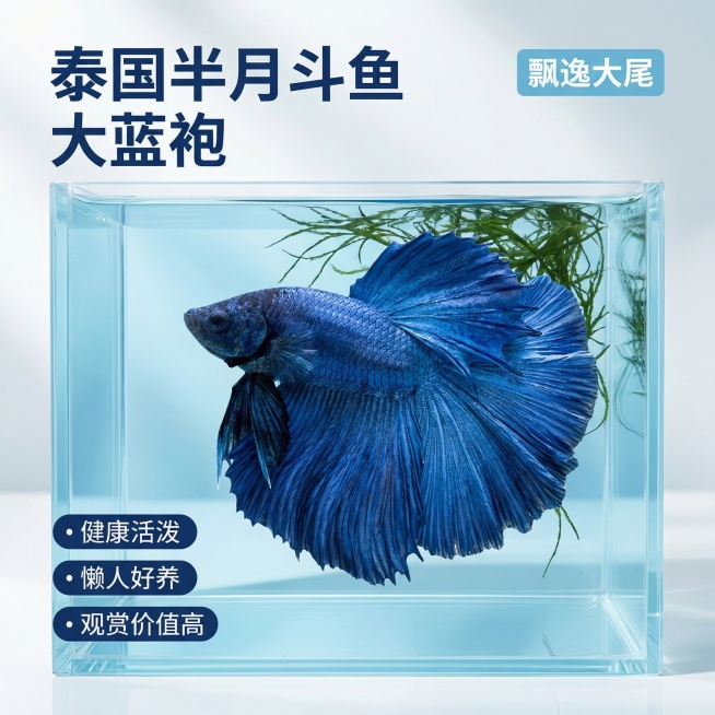 [主图 1] 首图场景展示
[主图主题] 泰国半月斗鱼大蓝袍首图
[氛围/风格] 高端水族观赏风格，清澈干净水体，高级氛围感
[画面元素] 参考图中泰国斗鱼半月大蓝袍居中展示，保持斗鱼外观完全一致，放预览效果