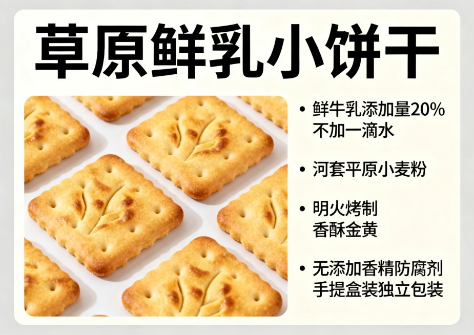 重新设计一张A5横向的草原鲜乳小饼干产品介绍卡片，高端简约大气风格，展示金黄香酥的鲜乳小饼干实物，清晰排版产品卖点文案："草原鲜乳小饼干"、"鲜牛乳添加量20% 不加一滴水"、"河套平原小麦粉"、"明预览效果