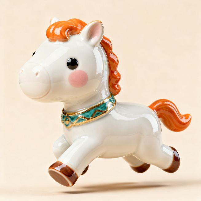 去掉图片中的手机，完整保留陶瓷小马摆件，修复小马背上被手机遮挡的部分，保持原有光影和质感，背景和其他元素保持不变预览效果