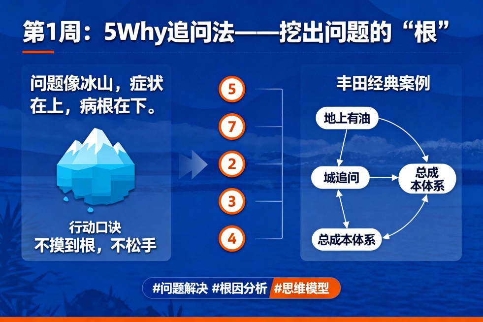 请生成一张知识卡片设计，主题是“5Why追问法——挖出问题的根”。
设计风格：简约商务风，蓝白橙配色，现代专业感。
内容结构要求：
1. 顶部：主标题“第1周：5Why追问法——挖出问题的‘根’”
2预览效果