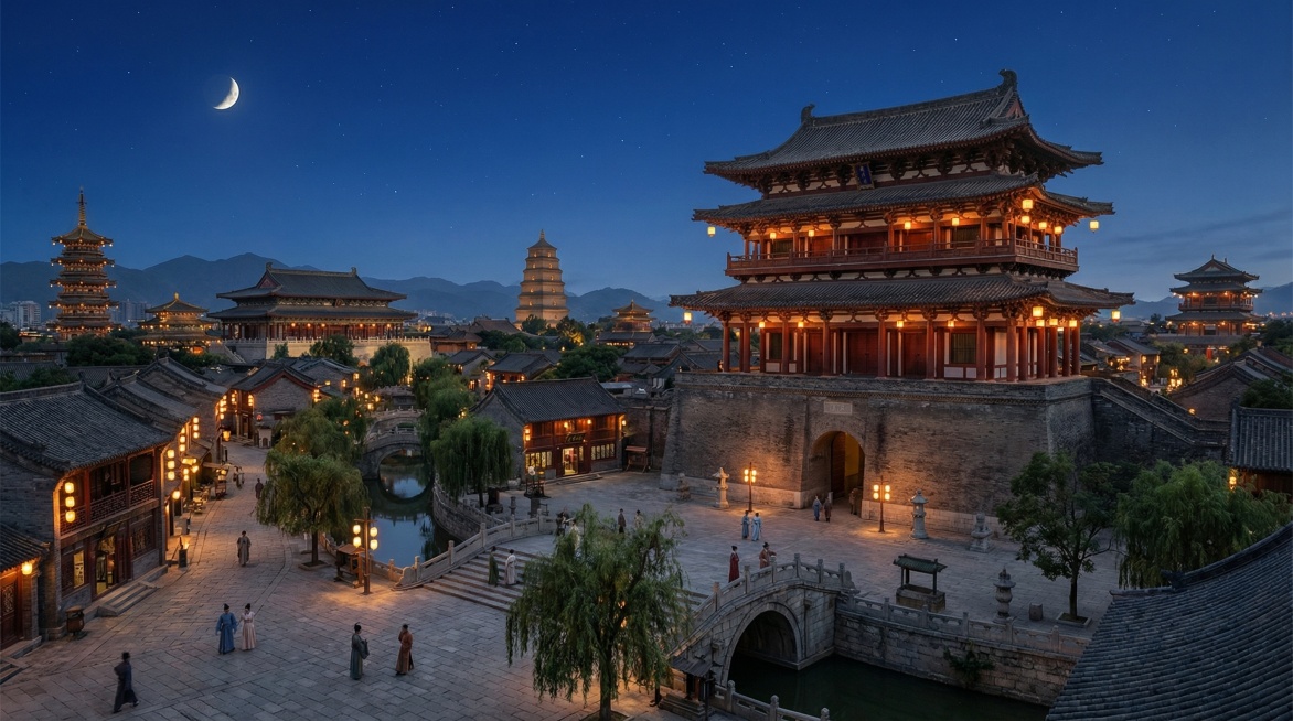 帮我去掉图中天空中的烟花和灯，让天空变得干净一点，还有去除前面的围栏，最后把建筑的样式换成中国风格的建筑预览效果