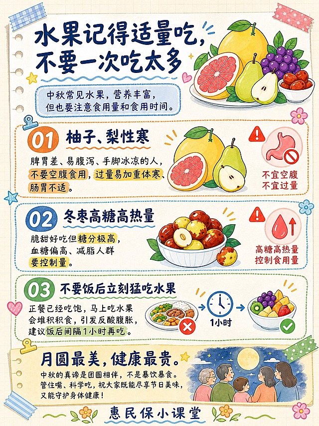 科普手账风格内页海报，竖版3:4比例，与参考封面风格完全一致：米白色方格纸张质感背景，左侧有活页本打孔，整体是手绘水彩手账风格，配有彩色胶带贴纸、便签、夹子、星星小花等装饰元素。

画面顶部是大标题区：主标题"水果记得适量吃，不要一次吃太多"用圆润可爱的深蓝色手写体大字，右上角配手绘水果插画（柚子、梨、葡萄、冬枣等），标题下方有浅蓝色波浪线装饰。副标题用浅蓝色圆角标签框："中秋常见水果，营养丰富，但也要注意食用量和食用时间。"

往下是三个编号内容板块，每个板块都用虚线圆角边框的便签样式：

【01 柚子、梨性寒】
数字"01"用橙色圆形底+白色数字，标题"柚子、梨性寒"用深蓝色手写体。右侧配手绘柚子和梨的插画。正文："脾胃差、易腹泻、手脚冰凉的人，不要空腹食用，过量易加重体寒、肠胃不适。"重点词语用橙色荧光笔高亮。右侧有红色警示小图标：胃+禁止符号，配文字"不宜空腹 不宜过量"。

【02 冬枣高糖高热量】
数字"02"用蓝色圆形底+白色数字，标题"冬枣高糖高热量"用深蓝色手写体。右侧配手绘一碗冬枣的插画。正文："脆甜好吃但糖分极高，血糖偏高、减脂人群要控制量。"重点词语用黄色荧光笔高亮。右侧有红色警示小图标：水滴+上升箭头，配文字"高糖高热量 控制食用量"。

【03 不要饭后立刻猛吃水果】
数字"03"用绿色圆形底+白色数字，标题"不要饭后立刻猛吃水果"用深蓝色手写体。下方配手绘插画：左边是一盘饭菜（打叉），中间是时钟标"1小时"，右边是一碗水果（打勾）。正文："正餐已经吃饱，马上吃水果会堆积积食，引发反酸腹胀，建议饭后间隔1小时再吃。"重点词语用绿色荧光笔高亮。

最下方是温馨寄语区，用浅黄色便签纸样式：
大标题"月圆最美，健康最贵。"用深蓝色手写体。
下方小字："中秋的真谛是团圆相伴，不是暴饮暴食。管住嘴、科学吃，祝大家既能尽享节日美味，又能守护身体健康！"旁边配一家人赏月的手绘小插画。

画面最底部是一行底栏文字："惠民保小课堂"，用手写体，居中排列，两侧有小花小草装饰。

整体装饰元素：蓝白格子胶带、粉色波点胶带、绿色波点胶带、彩色夹子、星星、爱心、小花朵、波浪线分割线、便签纸卷角效果，营造活泼温馨的科普手账氛围。配色以暖橙、浅蓝、嫩绿、米白为主，清新明快。

风格必须与参考封面图完全统一：同样的手绘水彩质感、同样的字体风格、同样的装饰元素体系、同样的配色方案，确保是同一套手账系列的内页。

画面中所有信息区域必须填充完整合理的内容，不得出现空白框、空白占位、横线待填写区域、空列表项、空单元格。画面中所有数字必须精确渲染，不得错位、遗漏或编造。