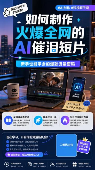 现代简约科技风内容种草海报，主标题文字"如何制作火爆全网的AI催泪短片"，副标题文字"新手也能学会的爆款流量密码"，三个卖点文字"保姆级制作教程" "新手快速上手" "轻松打造爆款内容"，装饰标签文字预览效果
