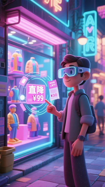 近景，虚实交织街道，消费者佩戴AR眼镜，现实身影清晰，周围线条虚化。橱窗被AR点亮，立体3D商品模型闪烁“直降”价格，互动优惠券环绕。特写消费者指尖触碰橱窗瞬间，数据涟漪扩散，强调光影对比，营造未来感预览效果