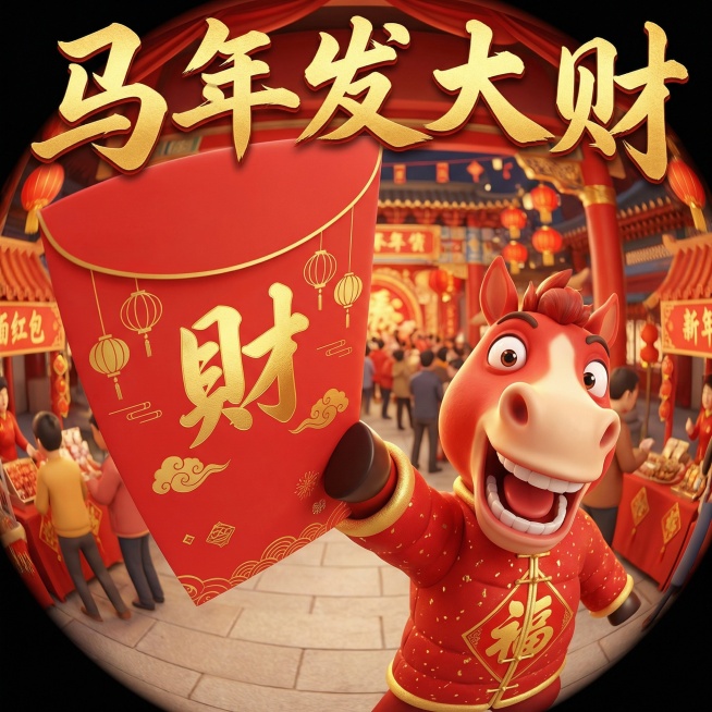 春节3D卡通插画，极端透视效果，低角度鱼眼仰视视角，桶形畸变，夸张大透视，前后景都不虚化。顶部加入金色的古风大字“马年发大财”，字体呈弧形变形，笔画粗壮有力，笔画夸张且富有张力，线条流畅舒展且具有艺术预览效果