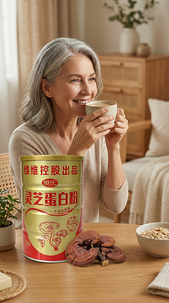 生成电商详情页，基于用户提供的维维灵芝蛋白粉产品图，真人中老年出镜品尝冲调好的蛋白粉，保留产品原包装信息：维维控股出品 维氏灵芝蛋白粉 不添加蔗糖，自然温馨场景，健康养生风格