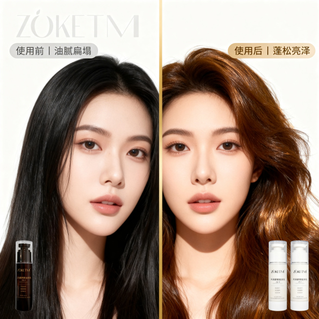 洗发液使用前后效果对比图，主题为真实效果展示。画面左右分栏，左半部分是冷灰色滤镜下亚洲模特油腻扁塌的头发，右半部分是暖光下模特蓬松有光泽的头发，中间用金色分割线分隔。模特为干净妆容的亚洲面孔，发丝细节预览效果