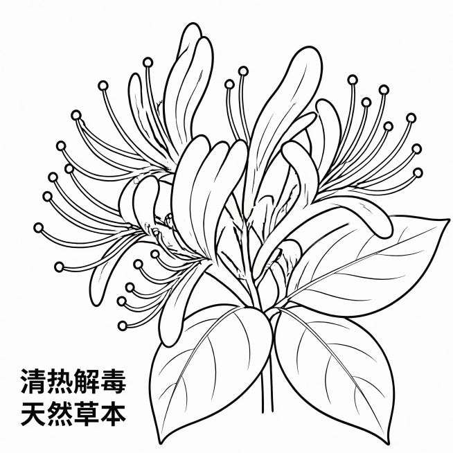花簇特写金银花线稿图，简约干净中草药植物线稿艺术，高清矢量线条感，线条流畅均匀，画面干净通透，细节清晰。参考原图线稿风格，构图调整为中部花簇特写，保留主花簇和周围几片叶片，突出金银花的花朵雄蕊细节，保预览效果