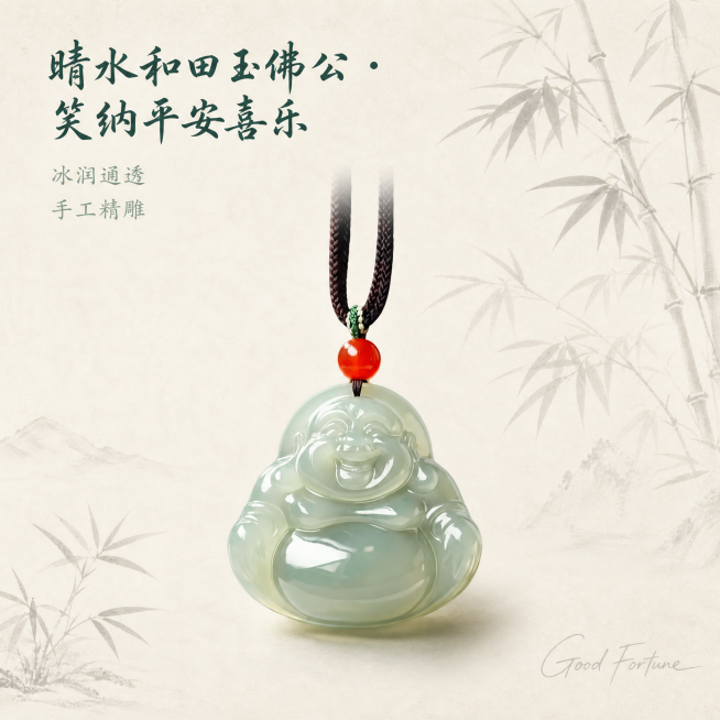 [单张主图] 晴水和田玉佛公吊坠，高级氛围感主图，首图点击率目标，突出玉石温润质感和美好寓意。
[画面主体] 晴水绿和田玉弥勒佛公吊坠居中展示，搭配红玛瑙顶珠和棕色编织挂绳，保持产品外观（物理结构、材预览效果