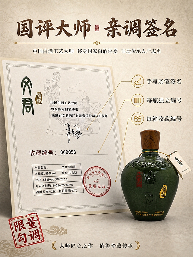 [商品] 使用【图6】收藏证书内页+【图1】酒瓶；保留证书上严志勇签名、收藏编号、文君Logo、酒瓶图案、红色公章；保留酒瓶墨绿色陶坛外观与浮雕细节；证书文字清晰化处理，不改变原有内容。
[画面] 大师背书页 严志勇亲调签名认证，左右构图；左侧展示收藏证书内页斜放 占画面55%，签名与编号区域放大突出；右侧放置一瓶文君汉韵酒 略小作为衬托；背景为浅米色宣纸纹理，有微弱的传统云纹暗纹；证书下方有柔和投影，整体正式有收藏感。
[视觉] 套系策略：风格=高端国风商业摄影；标题字=粗衬线书法体；正文字=细黑体；主色=深墨绿；背景延展=基于深墨绿做深浅渐变、金色光晕、宣纸纹理层次；强调色=金色+朱砂红，仅用于标题、图标、引线和印章；标题色=深棕色；正文色=深灰色；组件=细线引线、朱砂红印章、金色分割线；光影=顶部柔光 证书纸面纹理清晰。
[文字] 顶部居中主标题「国评大师 亲调签名」，副标题「中国白酒工艺大师 终身国家白酒评委 非遗传承人严志勇」；证书旁用金色引线标注三个要点「手写亲笔签名」「每瓶独立编号」「每箱收藏编号」；底部朱砂红印章样式「限量勾调」；所有文字横排。
[规格] 图片比例3:4竖版 1536x2048 2K；避免变形、错字、签名模糊、证书文字错乱、冷色调。