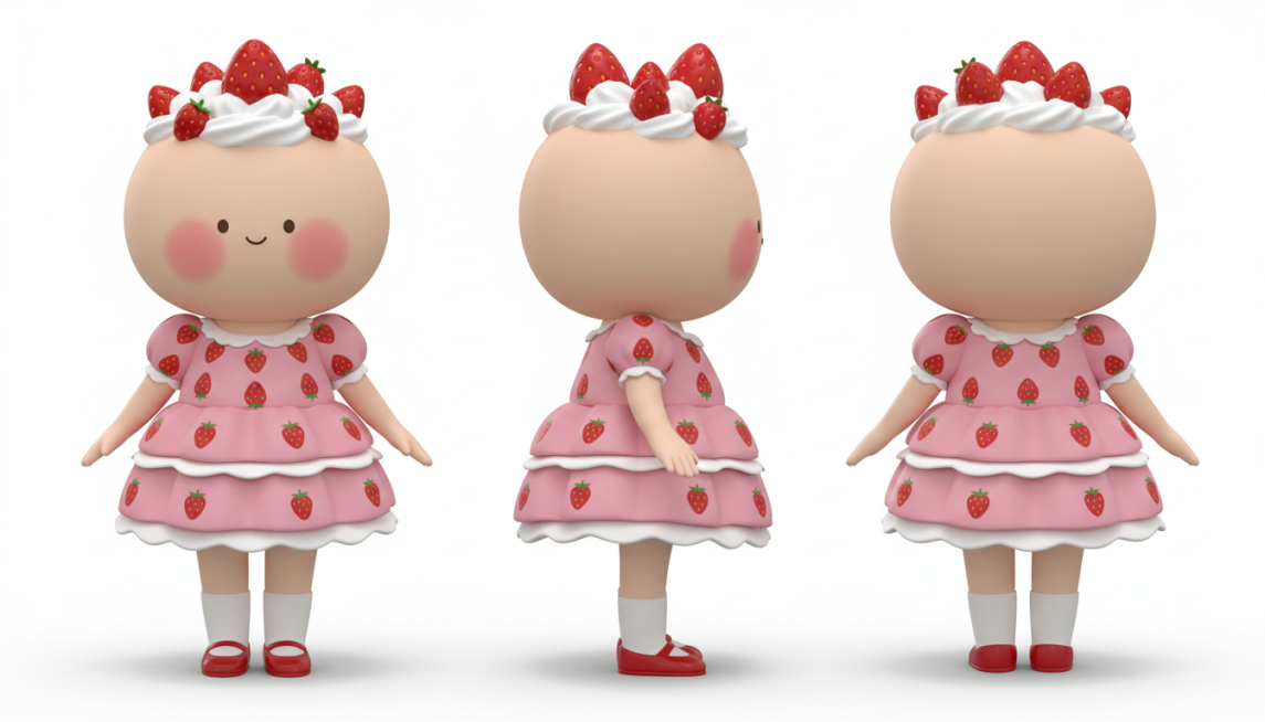生成画作的3D潮玩风格的三视图，需要包含正面/背面/侧面视角，纯色背景预览效果