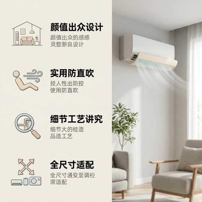[主图主题] 空调挡风帘核心功能卖点展示
[氛围/风格] 清新治愈北欧风，明亮干净自然光
[画面元素] 左侧垂直排列四个核心卖点，每个卖点搭配简约微立体图标；右侧展示产品安装在空调上的实景使用场景，清预览效果