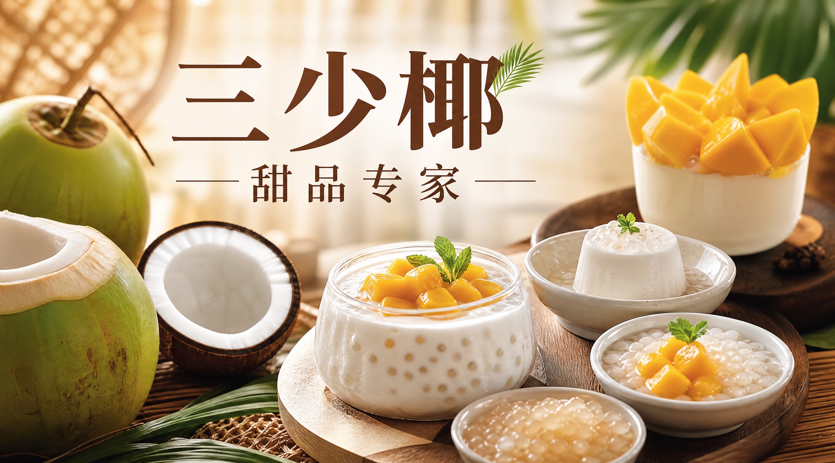 甜品店店招设计，店名"三少椰甜品专家"，写真风格，真实感强，背… - 图片创意预览