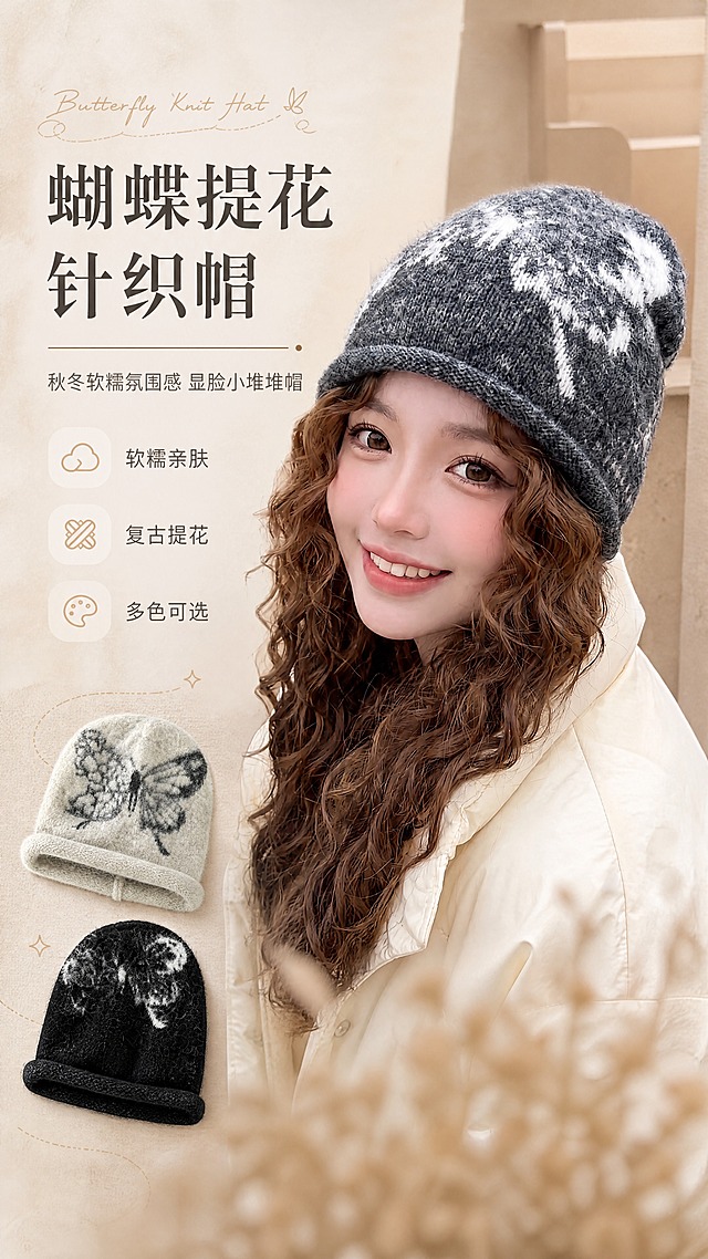 [商品] 使用【图1】灰色蝴蝶提花针织堆堆帽、【图6】米白色款、【图7】黑色款；商品处理：保留蝴蝶提花图案、卷边堆堆帽型、针织毛绒质感、各款颜色；自然理顺帽型轮廓，增强针织纹理与绒感，不改变版型和结构。
[画面] 目标：秋冬氛围感风格头图海报，突出蝴蝶提花针织帽的复古温柔气质；构图：左文右图，右侧主视觉为模特佩戴灰色款半身特写，左下角叠放米白/黑色两款帽子平铺小图；主体占比65%；景别：中近景；阅读动线从左上标题到右侧人物再到左下多色小图；前景柔和虚化，中景模特与帽子清晰，背景为简约暖米色建筑墙面延伸。
[视觉] 套系策略：风格=韩系ins简约明朗商业摄影；标题字=纤细优雅宋体粗体；正文字=简洁无衬线体；主色=暖米灰；背景延展=基于暖米灰做深浅层级、同色渐变和细腻水泥墙/纸张质感；强调色=奶杏色，仅用于小面积图标、引线和标签底衬；标题色=深炭灰；正文色=中暖灰；组件=圆角浅底信息卡、细虚线引线、手写英文小标签；光影=左前侧柔暖自然光，柔和漫射阴影。
[文字] 左上主标题「蝴蝶提花针织帽」，副标题「秋冬软糯氛围感 显脸小堆堆帽」，下方3个短卖点：软糯亲肤 / 复古提花 / 多色可选；文字不遮挡模特脸部与帽子主体；所有文字横排。
[规格] 图片比例9:16竖版，4K分辨率，medium质量；避免变形、错字、文字过小、冷蓝背景、帽子颜色改变、版型失真、极限词。