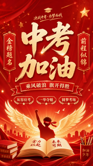 红色喜庆风格中考加油海报，整体色调以红色为主，搭配金色装饰，设计风格简约大气。画面主标题为"中考加油"，副标题为"乘风破浪 旗开得胜"，装饰文案分别是"金榜题名"和"前程似锦"，卖点标签为"从容应考"预览效果