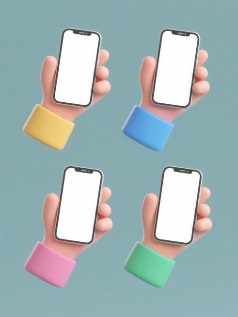 四个规整排布的3D风格素材，每个素材均为一只手拿着不同设计样式的智能手机，手部造型简约圆润，手指细节柔和，穿着不同颜色的简约袖口（如黄色、蓝色、粉色、绿色等），手机屏幕为纯净白色，边框设计简洁现代，整体造型简约现代，所有元素置于纯色背景上，无任何文字、logo或水印，保持一致的3D渲染质感、平滑的光影过渡和简洁明快的视觉风格。预览效果