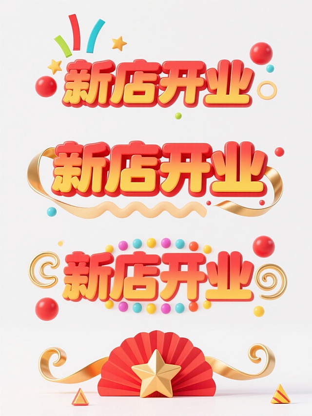 一组四个不同造型的“新店开业”主题3D立体艺术字设计集合，均采用白色纯色背景，保持统一的卡通欢快风格与明亮喜庆氛围。每个设计均包含红色为主、黄色点缀的渐变立体文字，搭配红色圆球、彩色条纹装饰球、金色飘带、环形装饰等开业元素，但造型各具特色：第一个为文字上方有向上扬起的彩带和立体星星；第二个是文字周围环绕波浪形曲线和圆点图案；第三个在文字底部添加扇形装饰和五角星；第四个则是文字两侧有对称的螺旋状飘带和立体三角元素。四个设计规整排布，形成系列感，整体视觉层次清晰，色彩明快活泼，能高效传达新店开业的喜庆信息。
