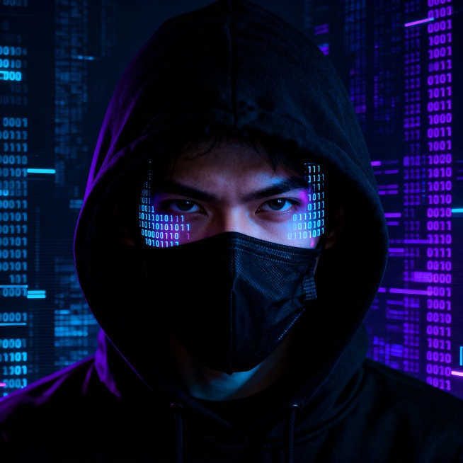一个神秘黑客的头像，人物面部被黑色兜帽和口罩遮挡，只露出锐利的双眼，眼中闪烁着二进制代码的微光，背景是深色的数字矩阵，充满科技感和神秘感，整体色调以黑、深蓝、紫色为主，带有赛博朋克风格的光影效果预览效果